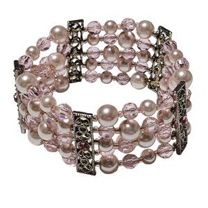 Vintage Faux Pink Pearl Beaded Stretch Bracelet Crystal Silver Tone Accents